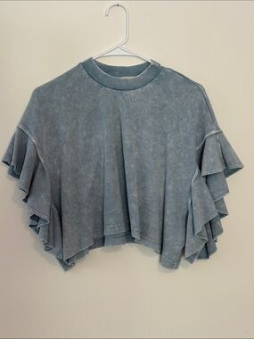 Altar'd State Dusty Blue Ruffle Sleeve Crop Top